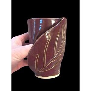 Studio Art Pottery Applied Leaf Handwarmer Ceramic Mug Dark Plum Stamped “DD”